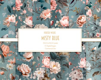 Blaues digitales Papier, Scrapbook-Papier, DIY Hochzeit, Florale Ephemera, Decoupage, Vögel und Laub, Grandmillenial Muster