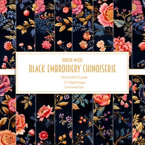 Può includere: Un set di 20 motivi digitali senza cuciture che presentano un design di ricamo chinoiserie nero con motivi floreali rosa, rossi e dorati su uno sfondo blu scuro. Il testo "PORTER WILDE BLACK EMBROIDERY CHINOISERIE 3600x3600 pixels 20 Digital Images Commercial Use" è visualizzato su uno stendardo bianco.