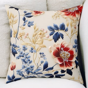 Cream Chinoiserie Pillow, Red, Blue and Yellow, Grandmillinial Pattern, Home Decor, Decorative Accent Throw Pillow, Floral Pillow Cover