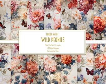 Wilde Pfingstrosen Digitales Papier, Nahtloses Scrapbook Papier, Hochzeit, Elfenbein, Weiß, Bunt, Blumen