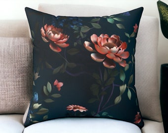 Dunkelgrünes Chinoiserie-Kissen, Grandmillinial-Muster, Wohndekoration, dekoratives Akzent-Wurfkissen, floraler Kissenbezug