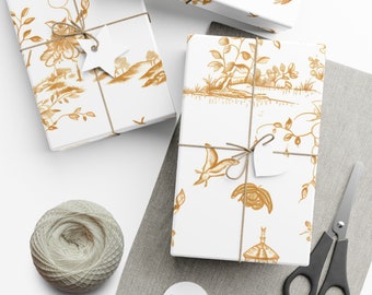 Gold Chinoiserie Wrapping Paper, Gold Pattern Wrapping Paper, Unique Wrapping Paper Roll, Floral Wrapping Paper, Chinoiserie Gift Wrap,