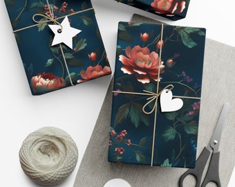 Dark Floral Christmas Wrapping Paper, Unique Wrapping Paper Roll, Floral Wrapping Paper