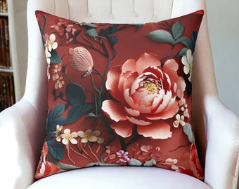 Rotes Chinoiserie-Kissen, Grandmillinial-Muster, Wohndekoration, dekoratives Akzent-Wurfkissen, floraler Kissenbezug
