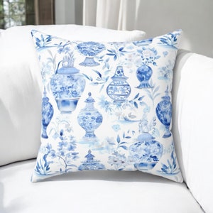 Blue Chinoiserie Pillow, Blue and White Vase, Grandmillinial Pattern, Home Decor, Decorative Accent Throw Pillow, Floral Pillow Cover
