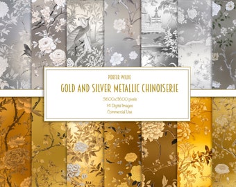 Gold und Silber Chinoiserie Digital Papier - Metallic Blumen druckbares Sammelalbum, Luxus botanisches Handwerk & Hochzeit Hintergründe