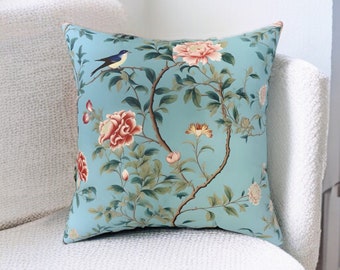 Rotkehlchen Ei Blau Chinoiserie Kissen, Grandmillinial Muster, Wohnkultur, Dekorativer Akzent Dekokissen, Blumenkissenbezug