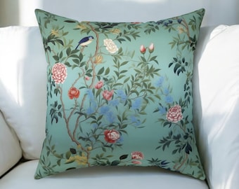 Teal Chinoiserie Pillow, Grandmillinial Pattern, Home Decor, Decorative Accent Throw Pillow, Floral Pillow Cover
