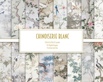 Chinoiserie Blanc Digitales Papier - Neutrales Vogel- und Blumenmuster zum Ausdrucken, Vintage botanische Hintergründe, Hochzeitsschmuck
