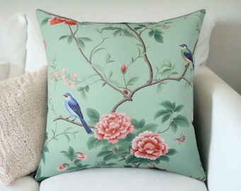 Mintgrünes Chinoiserie-Kissen, Grandmillinial-Muster, Wohndekoration, dekoratives Akzent-Wurfkissen, floraler Kissenbezug
