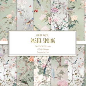 Pastel Spring Green and White Chinoiserie Digital Paper, Seamless Scrapbook Paper, Wedding Pastel Ivory White, Floral