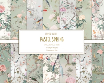 Pastell Chinoiserie Digitales Papier - Vögel und Blüten druckbares Sammelalbum, Vintage Floral Botanische Hintergründe
