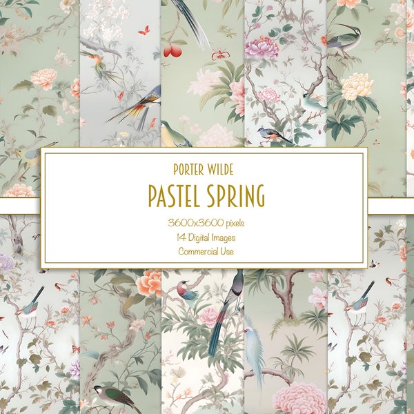 Pastel Spring Green and White Chinoiserie Digital Paper, Seamless Scrapbook Paper, Wedding Pastel Ivory White, Floral