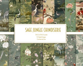 Sage Jungle Chinoiserie Digitales Papier - Vögel, Kraniche & botanisches Scrapbook, Vintage tropische Bastelhintergründe