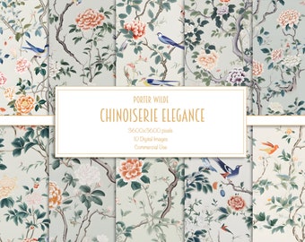 Chinoiserie Digitales Papier • Elegante Vintage Blumentapete • Vögel & Blüten Hintergründe • Scrapbooking, Einladungen, Basteln