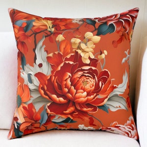 Burnt Orange Floral Pillow, Grandmillinial Pattern, Home Decor, Decorative Accent Throw Pillow, Floral Pillow Cover