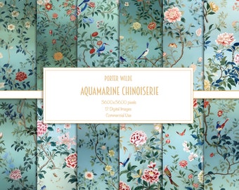 Aquamarin Chinoiserie Digital Paper Pack | 12 Blaue Blumen- und Vogelhintergründe | Vintage Tapetenmuster zum Selberdrucken