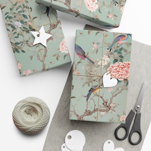 Mint Green Chinoiserie Wrapping Paper, Unique Wrapping Paper Roll, Floral Wrapping Paper, Chinoiserie Gift Wrap, Bird Wrapping Paper