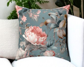 Blau - Graues und rosa Blumenkissen, Grandmillenial-Muster, Wohndekoration, Boho, Shabby Chic, elegante Blumen, Wurfkissen