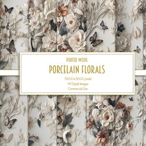 White Porcelain Floral Digital Paper, Autumn Florals, Fall Wedding