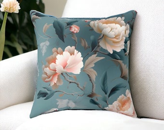 Blau - Grau und Rosa Blumenkissen, Grandmillenial Muster, Wohnkultur, Boho, Shabby Chic, elegantes Blumenmuster, Dekokissen