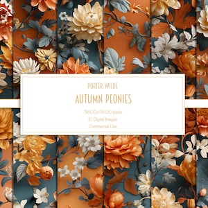 Autumn Peonies Digital Paper Pack, Seamless Scrapbook Paper, Seasonal Decoupage