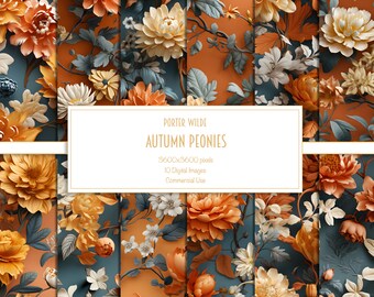 Paquete de papel digital Autumn Peonies, papel de álbum de recortes sin costuras, decoupage de temporada