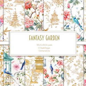 Fantasy Garden Chinoiserie Digital Paper, Colorful, White and Gold, Seamless Scrapbook Paper, Wedding, Anniversary, Digital Paper, Floral