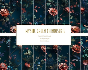 Mystische grüne Chinoiserie, Florales digitales Papier, nahtloses Scrapbook