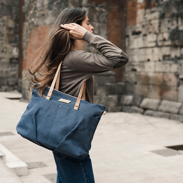 Laptop tote bag with zipper, Fabric shoulder bags for women, Canvas tote bag with crossbody strap, Canvas crossbody bags for work