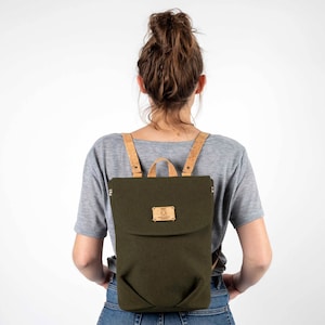 Vegan mini backpack purse, Vegan bags for women, Small backpack purse women, Canvas mini backpack, Vegan backpack with cork leather details image 1