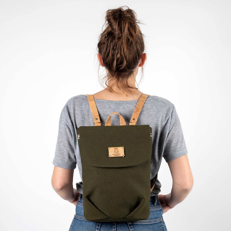 Vegan mini backpack purse, Vegan bags for women, Small backpack purse women, Canvas mini backpack, Vegan backpack with cork leather details image 1