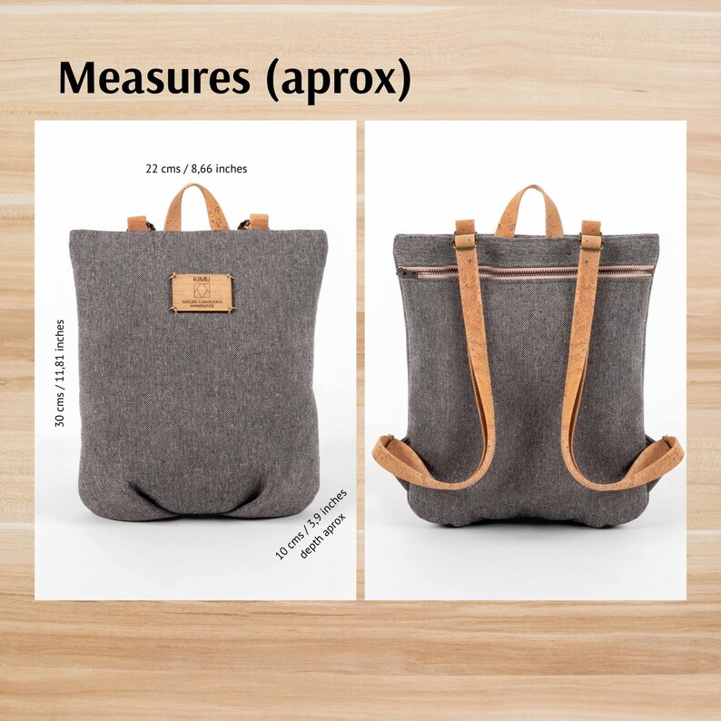 May include: A grey canvas backpack with brown leather straps and a zip closure. The backpack measures 30 cm tall, 22 cm wide, and 10 cm deep.