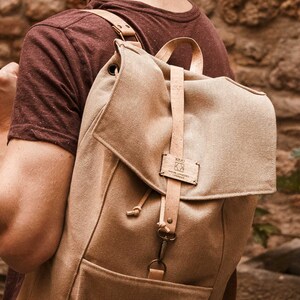 Vegan mens backpack for laptop, Eco-friendly canvas bag for work, Recycled canvas rucksack for men, Vegan work backpack with natural cork image 5
