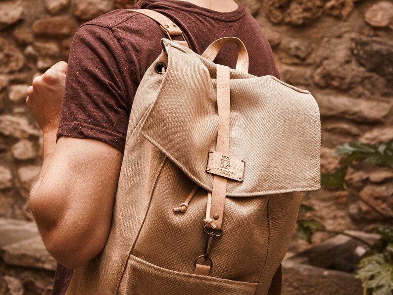 Vegan mens backpack for laptop, Eco-friendly canvas bag for work, Recycled canvas rucksack for men, Vegan work backpack with natural cork image 5