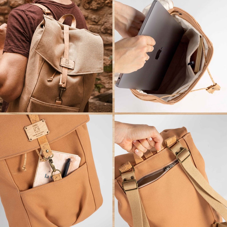 May include: A tan canvas backpack with a cork accent and leather straps. The backpack has a flap closure and a zippered pocket on the front. The backpack is shown in different angles, including a view of the inside of the backpack with a laptop inside.