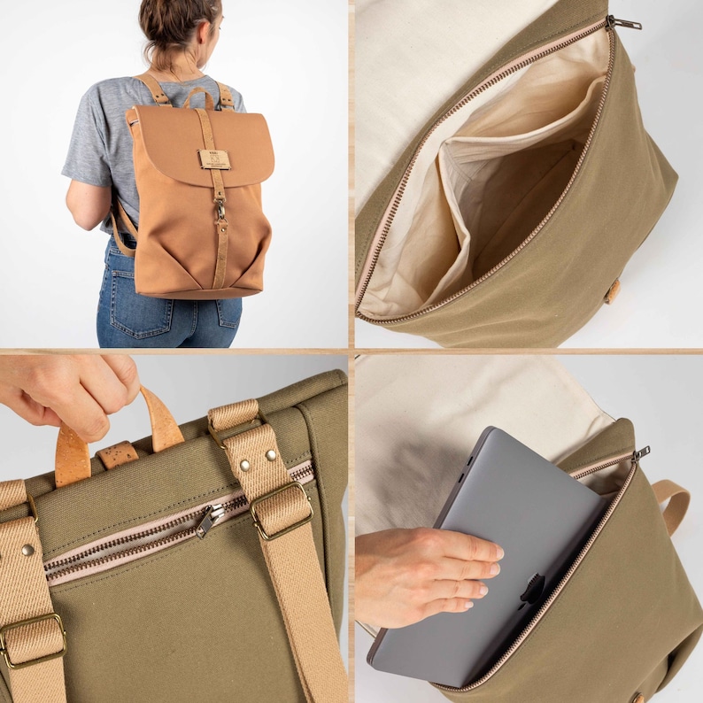 Op de afbeelding: Een groene canvas rugzak met bruine lederen accenten en een ritssluiting. De rugzak heeft een laptopvak en verstelbare banden.