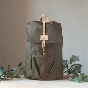 Vegan backpack men, Recycled canvas rucksack, Handmade backpack for men, Bag with zipper on the back, 15 inch laptop bag image 2