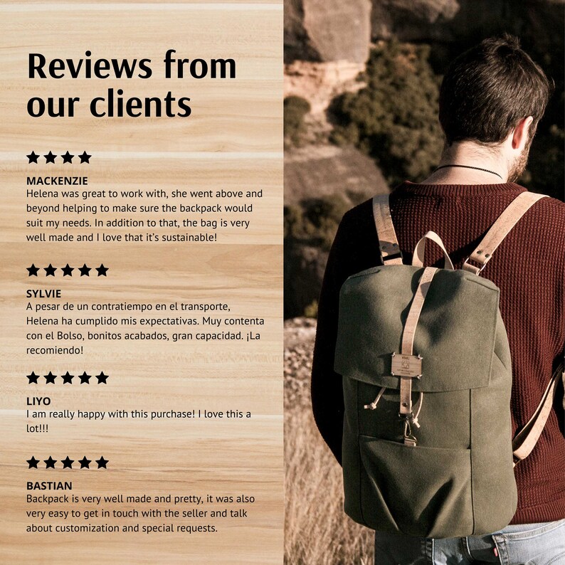 Vegan mens backpack for laptop, Eco-friendly canvas bag for work, Recycled canvas rucksack for men, Vegan work backpack with natural cork image 4