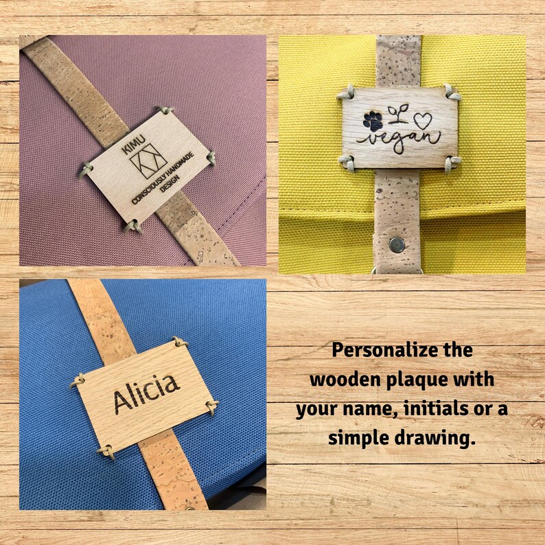 May include: Three different cork straps with wooden plaques. The plaques are personalized with the words "KIMU", "vegan", and "Alicia".