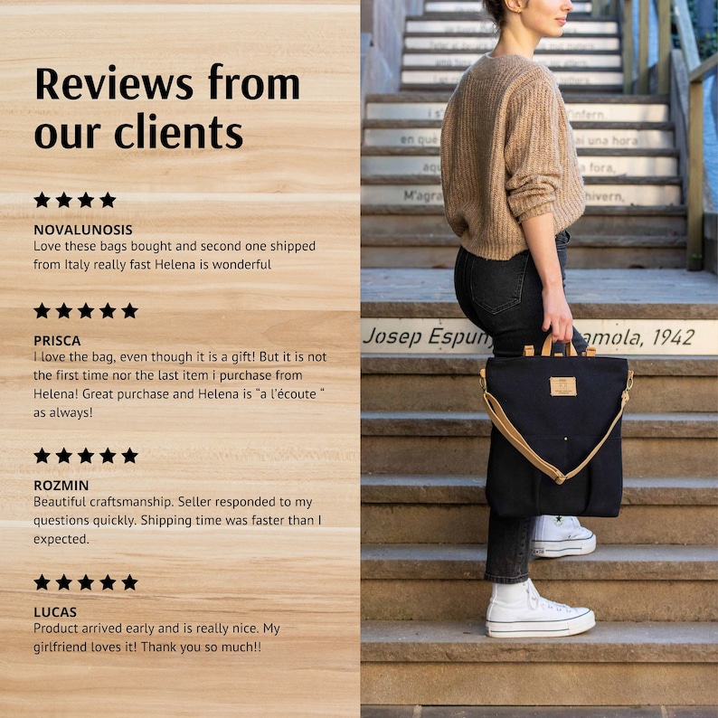 May include: Customer reviews for a black canvas tote bag with brown leather straps and a brown leather flap. The bag is worn by a person standing on a set of stairs.