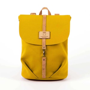 Eco-conscious yellow backpack for woman, Sustainable rucksack for eco-conscious woman, Upcycled ocher bag for animal-friendly girl