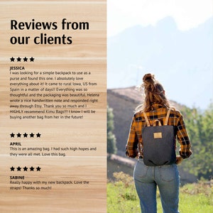 May include: Three customer reviews for a denim backpack with brown leather straps. The reviews are positive and mention the quality of the backpack and the excellent customer service.