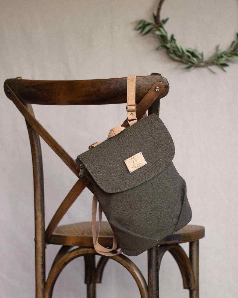 Canvas rucksack mini, small backpack for women, canvas backpack for animal friendly, green khaki mini backpack, Olive green rucksack vegan image 1