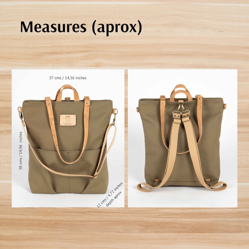 May include: A green canvas backpack with brown leather straps and a cork label. The backpack measures 14.96 inches tall, 14.56 inches wide, and 4.72 inches deep.