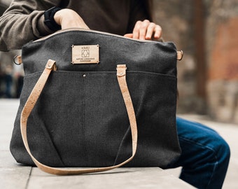 Everyday vegan handbag, fabric shoulder tote bag, Zipper large school tote bag, Grey casual bag, Gray recycled fabric zippered tote bag