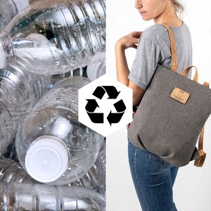 May include: A grey felt backpack with a cork strap and a brown leather label that says "NABU" and "Sustainable Collection". The backpack is being worn by a person. The background is a pile of plastic water bottles.
