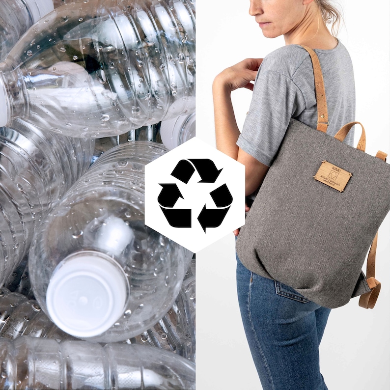 May include: A grey felt backpack with a cork strap and a brown leather label that says "NABU" and "Sustainable Collection". The backpack is being worn by a person. The background is a pile of plastic water bottles.