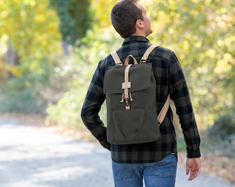 Upcycled canvas rucksack, Recycled mens backpack for laptop,  Upcycling fabric backpack, Computer bag with laptop pocket