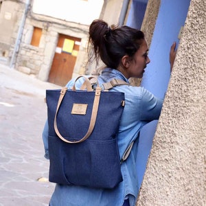 Cute canvas tote bag, Blue cloth handbag, Cork backpack women, Crossbody cloth shoulder bag, Convertible bag image 1